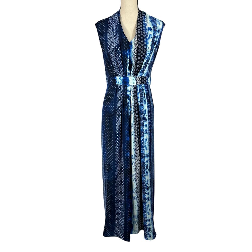 Chico’s SZ 2.5 (Large) Maxi Dress V-Neck Sleeveless Pleats Stretch Rear Zip Blue